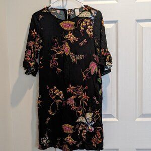 H&M Black Floral Dragonfly Mini Dress with Ruffled Sleeves Size 4